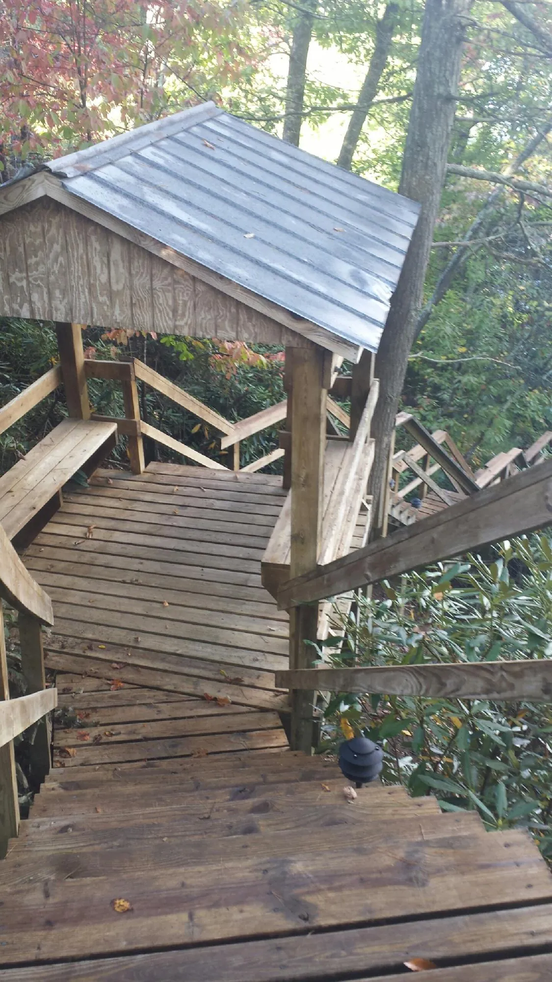 Metal roofed shelter over wooden steps on a wooded walkway — Skylight Repair & Installation work by our crew in Hungry Horse